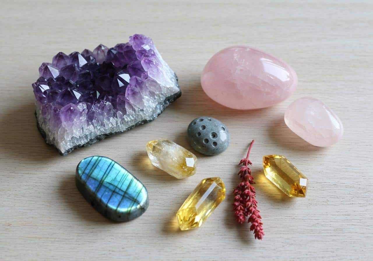 Collection de pierres naturelles polies sur fond neutre