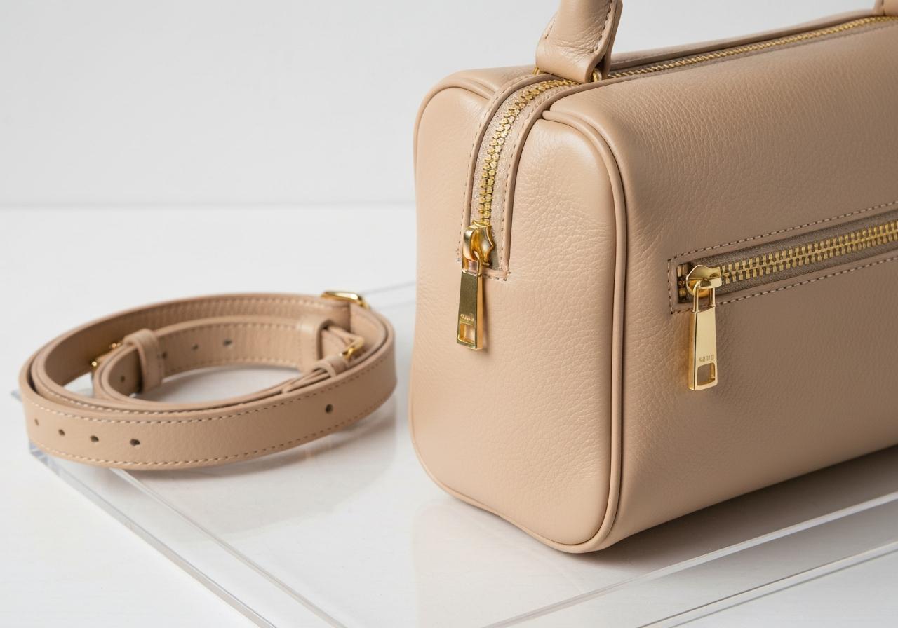 Sac banane en cuir beige posé sur une surface claire