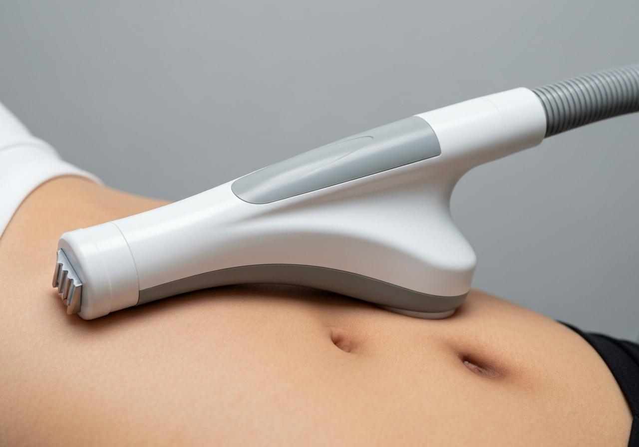 Applicateur de cryolipolyse posé sur zone abdominale, lumière clinique douce