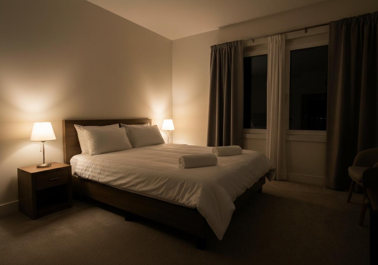 Chambre à coucher calme avec literie soignée la nuit
