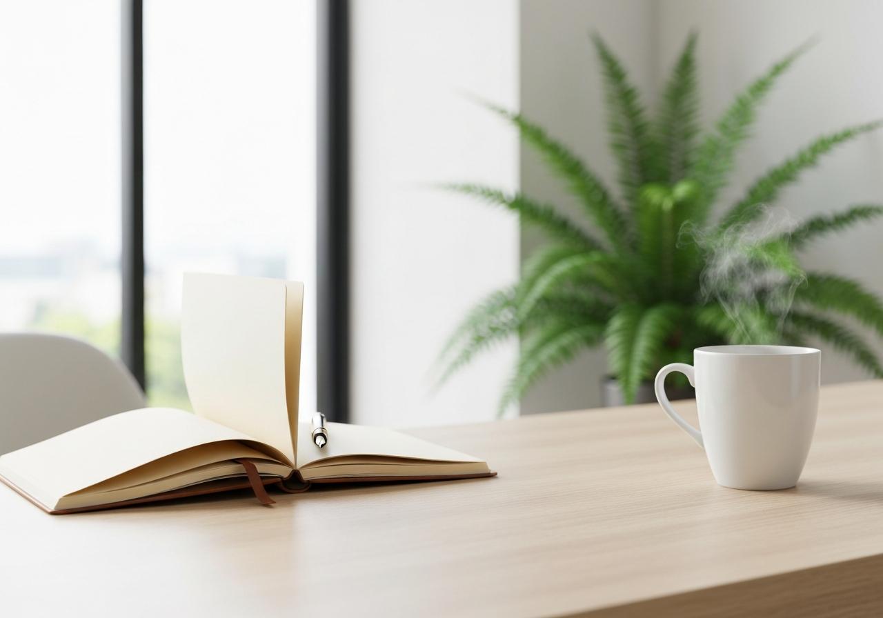 Bureau lumineux avec carnet ouvert et lumière naturelle