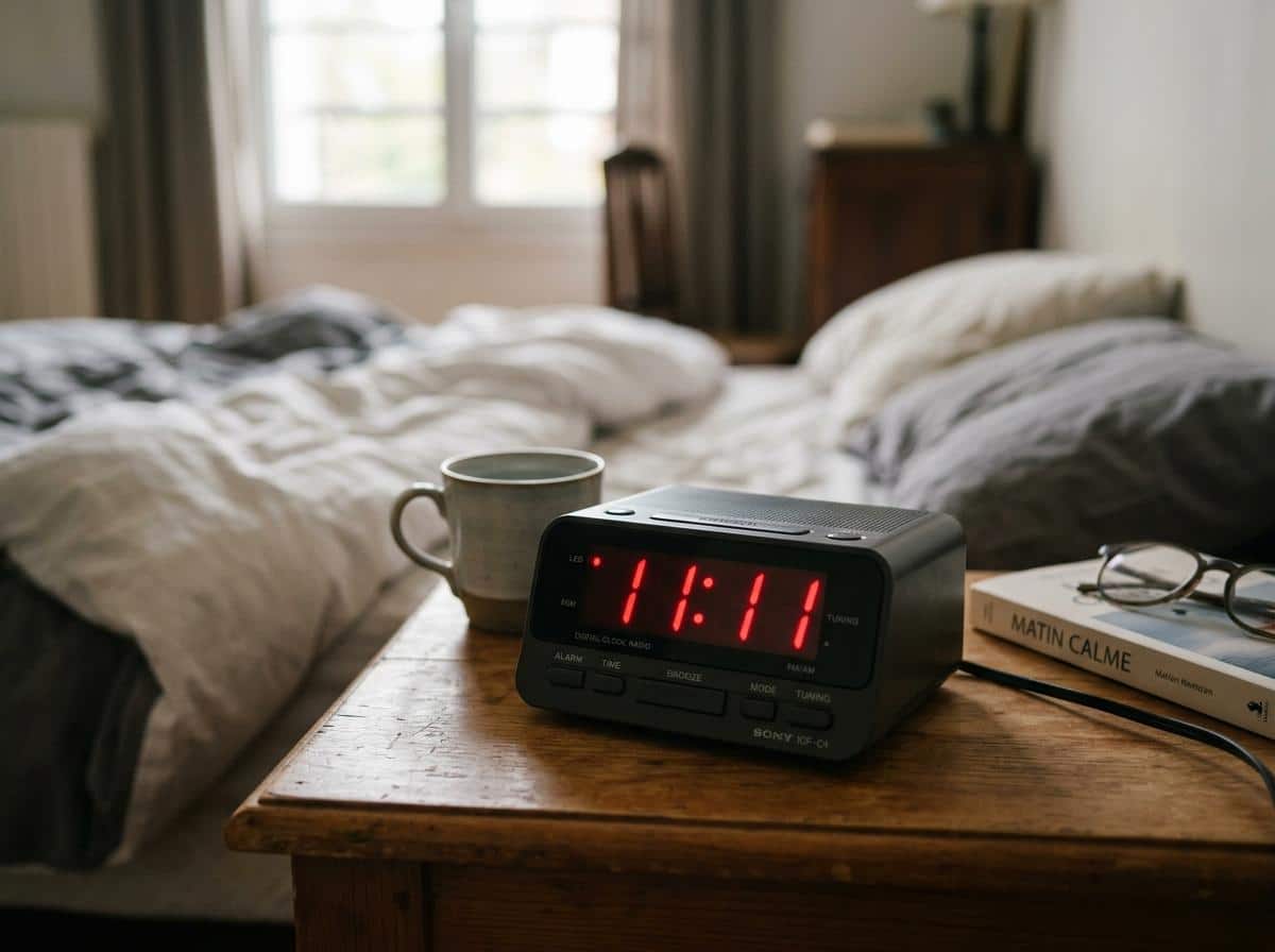 Radio-réveil numérique affichant 11:11 sur une table de chevet