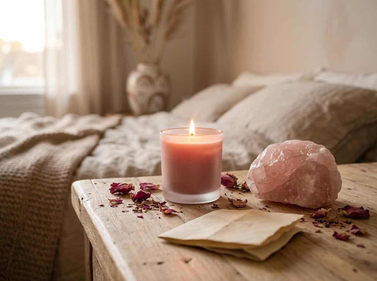 Bougie rose et quartz rose sur une table