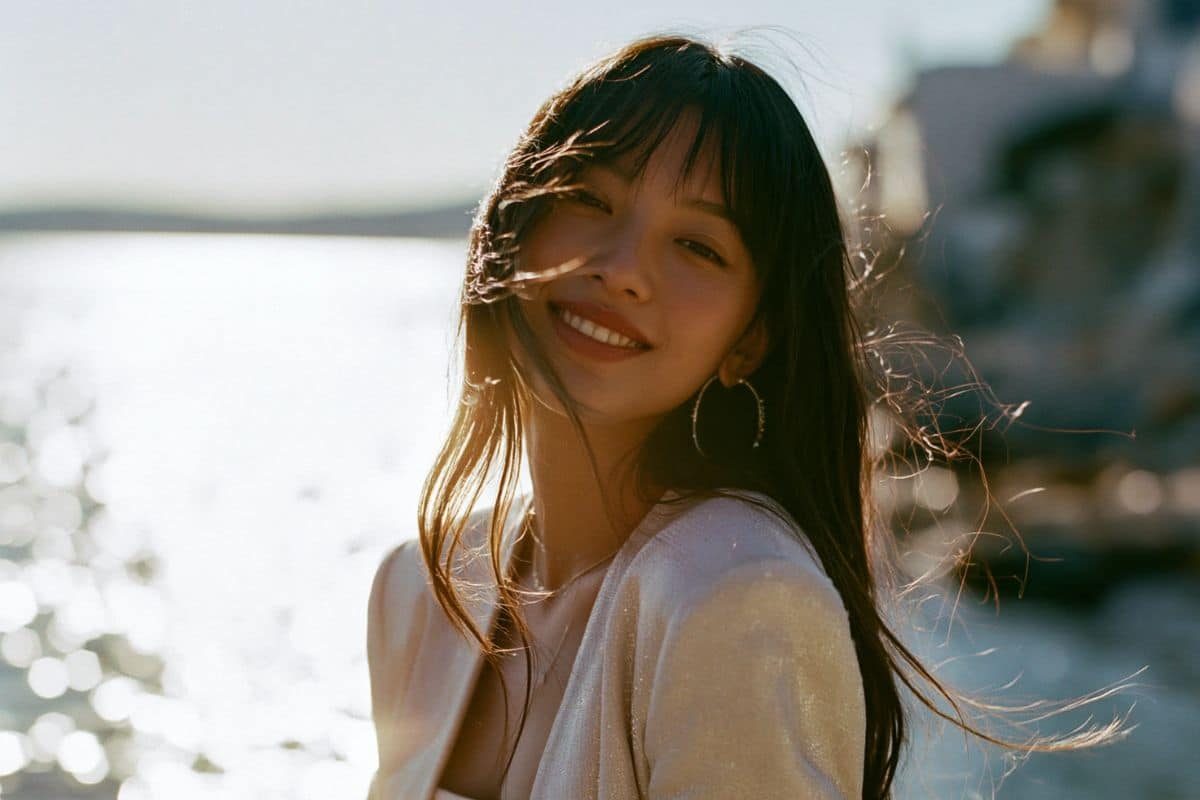 Femme asiatique souriante sur une plage, tenant un smartphone, à contre-jour